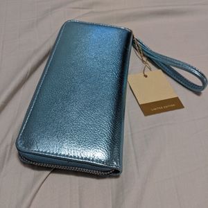 NWT metallic sky blue wallet clutch